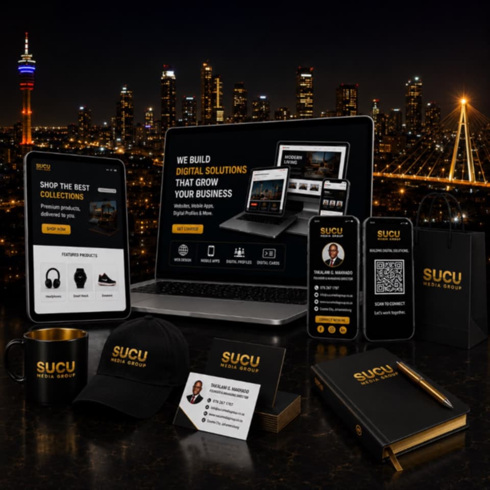 SUCU Media Group branding, website and mobile app mockups