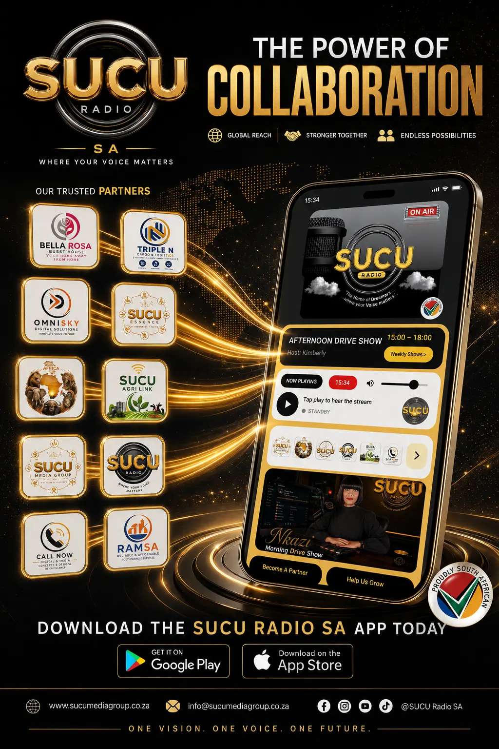 SUCU Radio SA app interface — comprehensive media and community platform